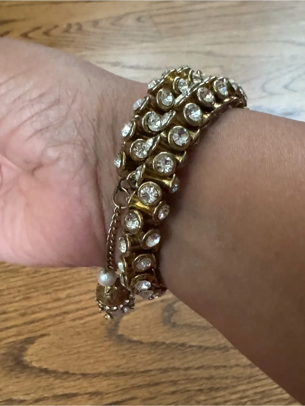 Gold and Crystal Kundan-Style Bangle with Pearl Dangle